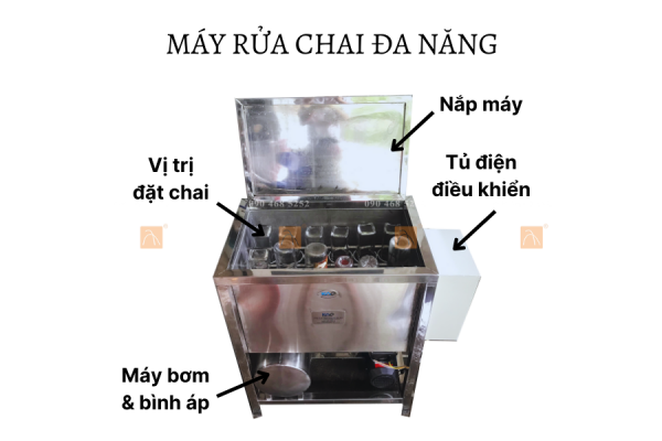 Má rửa chai 12 vòi bán tự động, Máy súc rửa chai lọ thuỷ, chai nhựa, hũ yến, vò gốm sứ